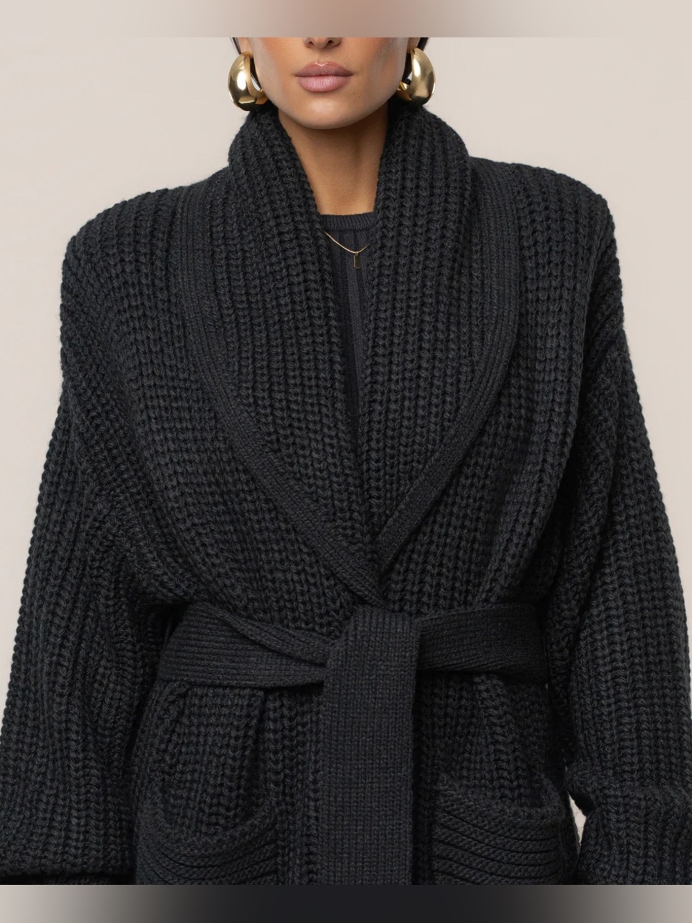 Long Black Knit Cardigan with tie